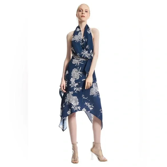 Keepsake The Label Asymmetrical Floral Blue Satin Halter Midi Cocktail Dress M - Picture 3 of 10